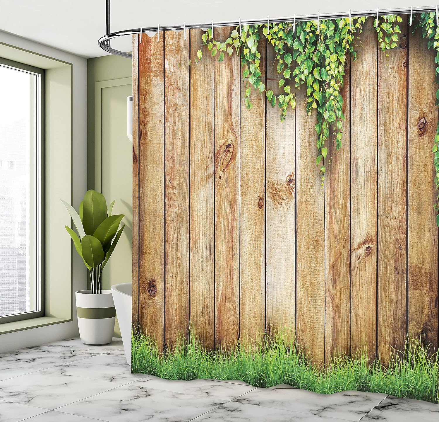 Rustic Garden Fence Shower Curtain, Spring Season Grass Cloth Bathroom Decor, Green Brown