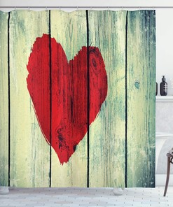 Rustic Heart Shower Curtain, Wooden Wall Romance Affection Pleasure Print Cloth Fabric Bathroom Decor, Home Decor Red/Pale Green