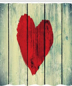 Rustic Heart Shower Curtain, Wooden Wall Romance Affection Pleasure Print Cloth Fabric Bathroom Decor, Home Decor Red/Pale Green