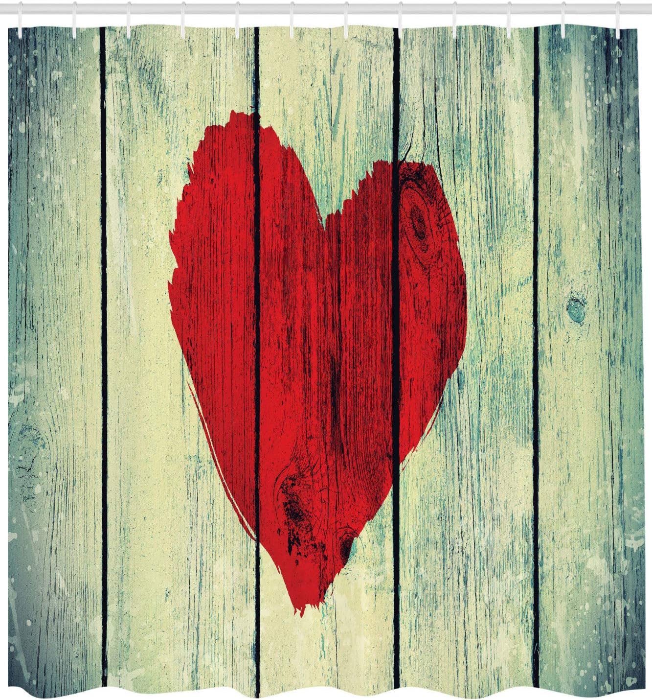 Rustic Heart Shower Curtain, Wooden Wall Romance Affection Pleasure Print Cloth Fabric Bathroom Decor, Home Decor Red/Pale Green