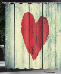 Rustic Heart Shower Curtain, Wooden Wall Romance Affection Pleasure Print Cloth Fabric Bathroom Decor, Home Decor Red/Pale Green