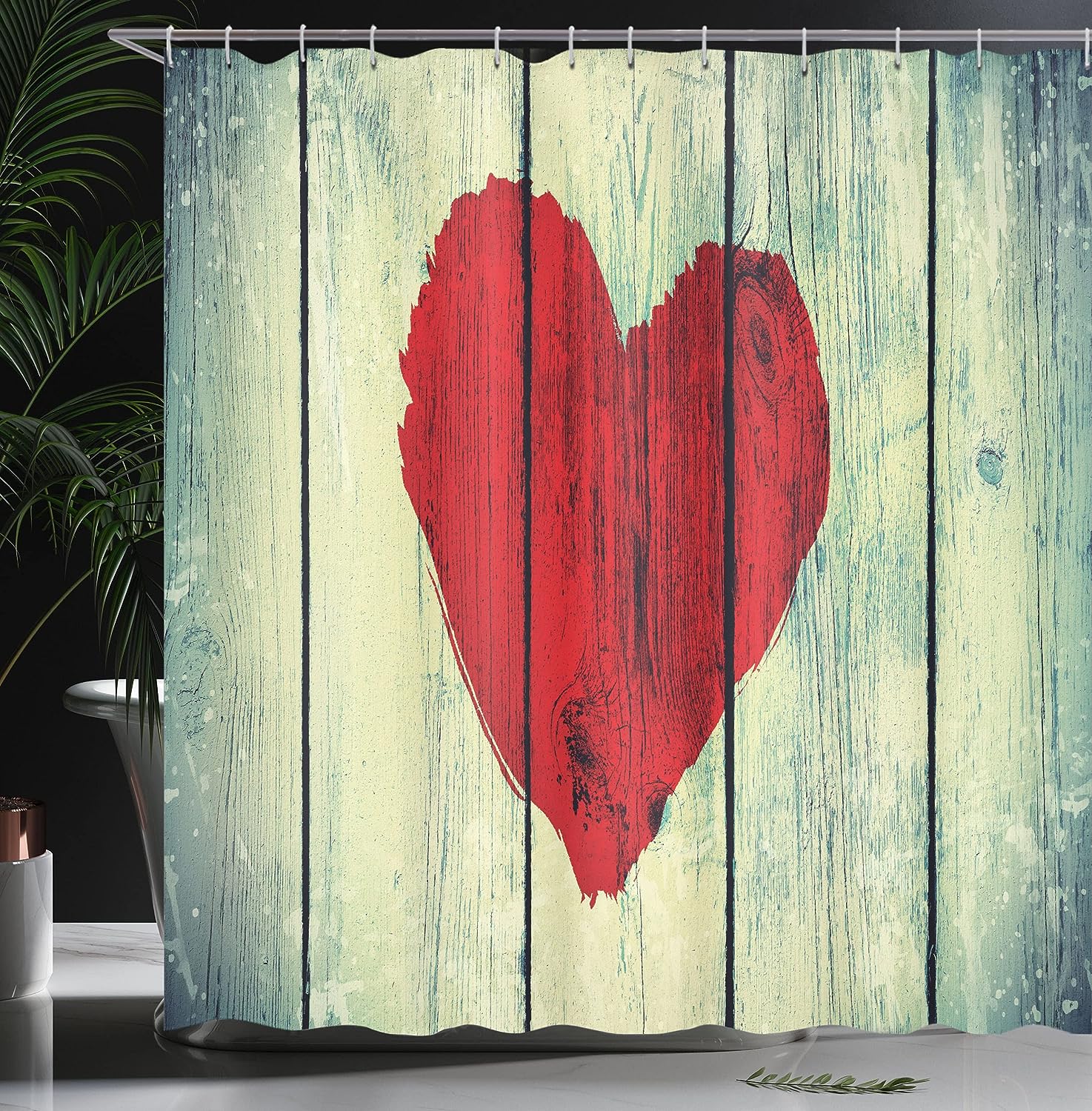Rustic Heart Shower Curtain, Wooden Wall Romance Affection Pleasure Print Cloth Fabric Bathroom Decor, Home Decor Red/Pale Green