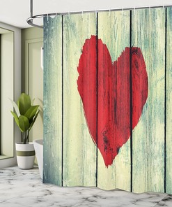 Rustic Heart Shower Curtain, Wooden Wall Romance Affection Pleasure Print Cloth Fabric Bathroom Decor, Home Decor Red/Pale Green