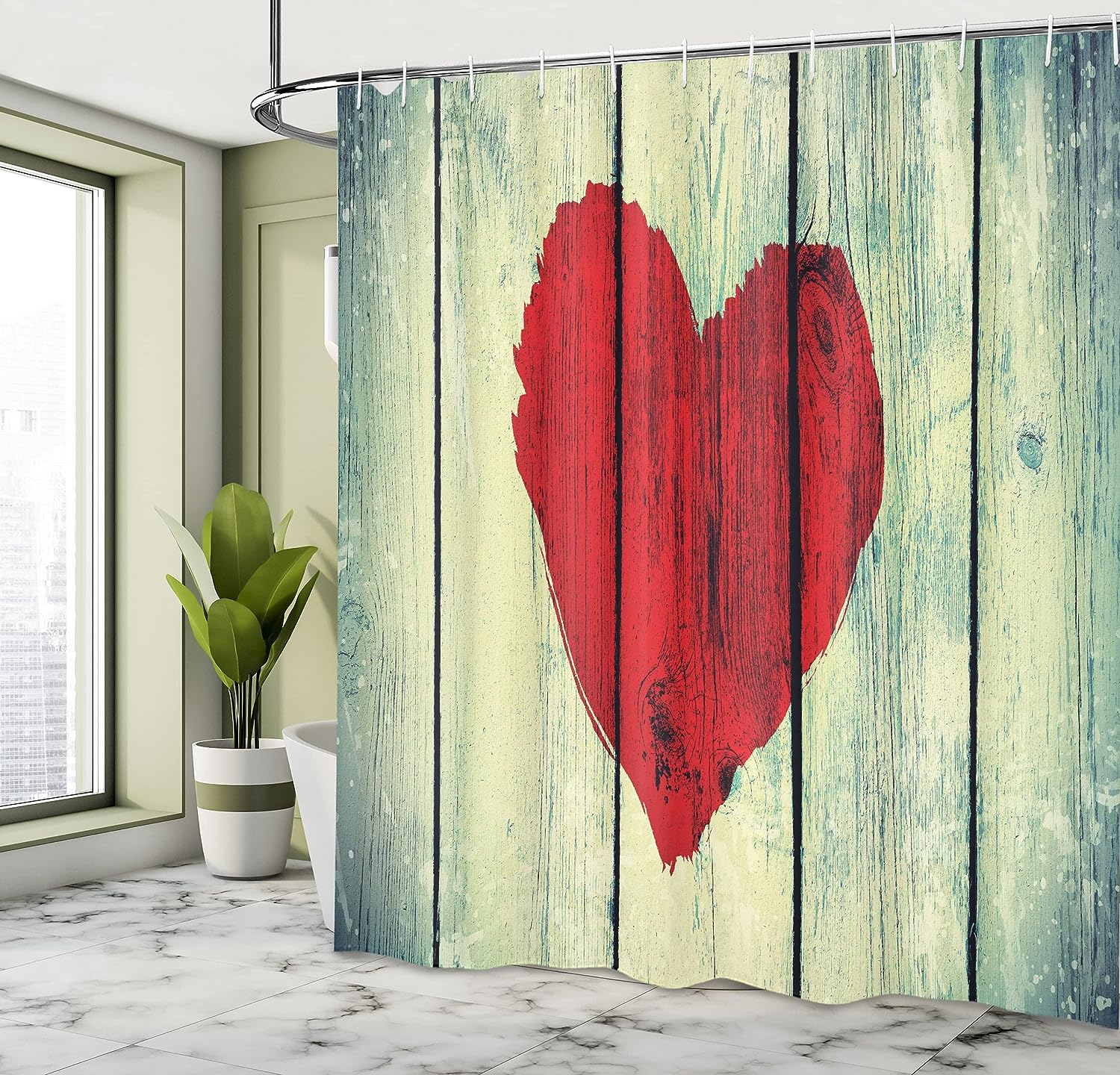 Rustic Heart Shower Curtain, Wooden Wall Romance Affection Pleasure Print Cloth Fabric Bathroom Decor, Home Decor Red/Pale Green
