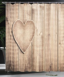Rustic Heart Valentines Day Shower Curtain, Lovers Corner Wood Planks Print Cloth Fabric Bathroom Decor