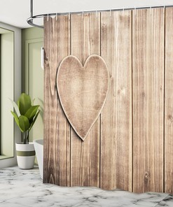 Rustic Heart Valentines Day Shower Curtain, Lovers Corner Wood Planks Print Cloth Fabric Bathroom Decor