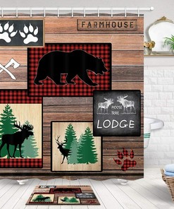 Rustic Lodge Bear Moose Bath Curtain with Country Style for Shower 