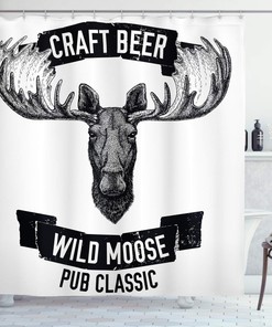 Rustic Man Cave Shower Curtain with Wild Moose and Craft Beer Design for a Unique Bathroom Decor