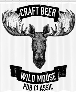 Rustic Man Cave Shower Curtain with Wild Moose and Craft Beer Design for a Unique Bathroom Decor