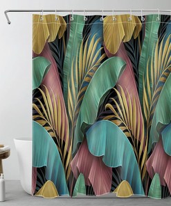 Rustic Nature Colorful Shower Curtain featuring a Gold Palm Leaf and Teal Pink Banana Leaf - Perfect for Tropical Plant Bathroom Decor