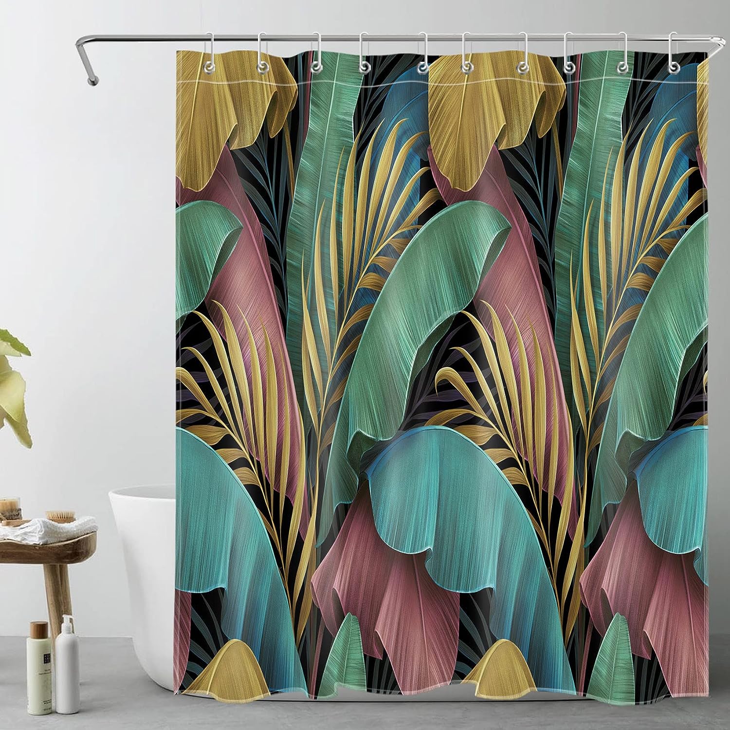 Rustic Nature Colorful Shower Curtain featuring a Gold Palm Leaf and Teal Pink Banana Leaf - Perfect for Tropical Plant Bathroom Decor