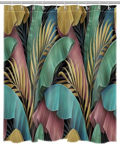Rustic Nature Colorful Shower Curtain featuring a Gold Palm Leaf and Teal Pink Banana Leaf - Perfect for Tropical Plant Bathroom Decor