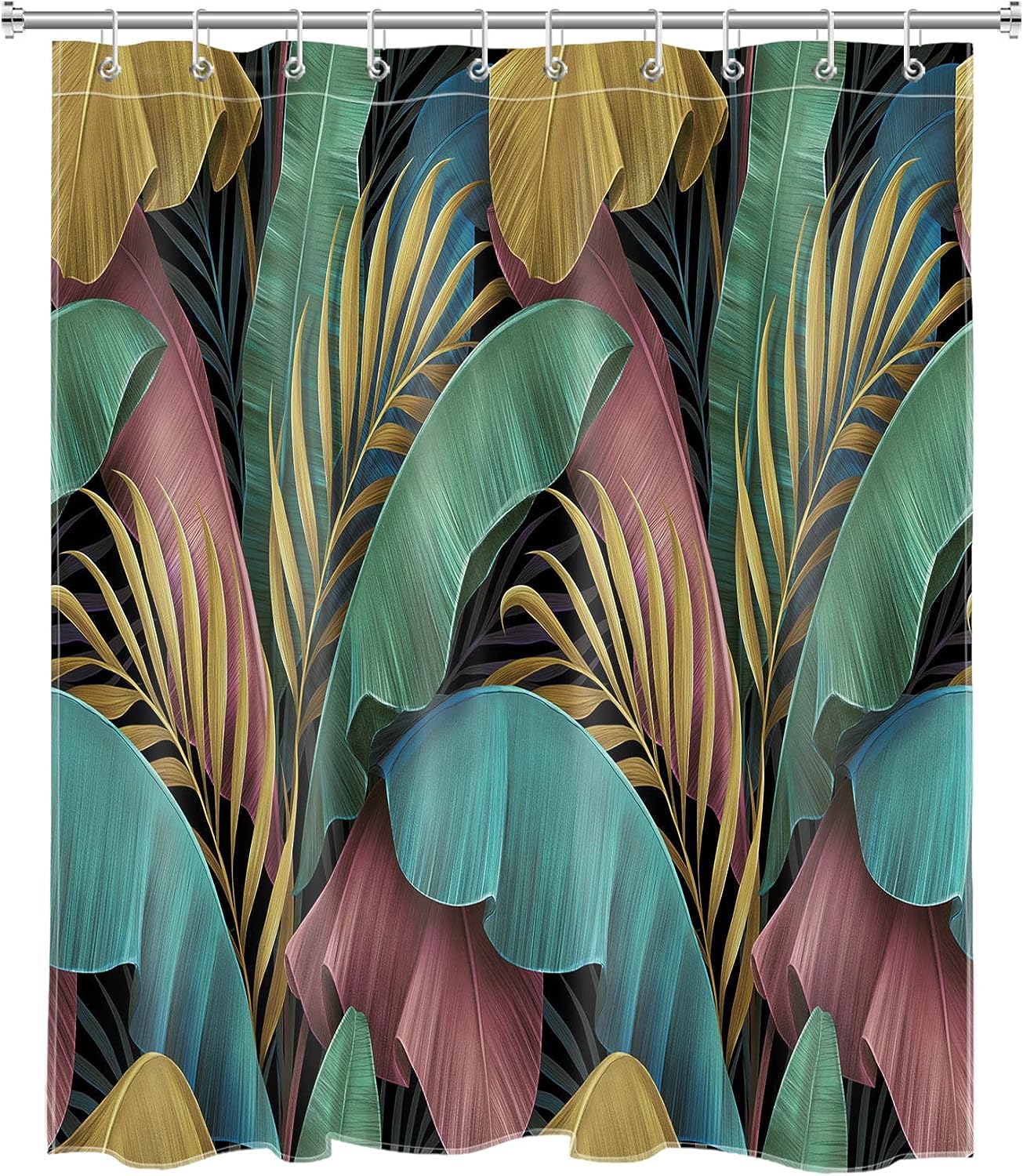 Rustic Nature Colorful Shower Curtain featuring a Gold Palm Leaf and Teal Pink Banana Leaf - Perfect for Tropical Plant Bathroom Decor