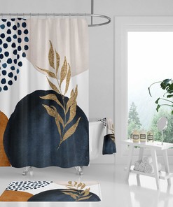 Rustic Navy and White Floral Boho Shower Curtain with Towel Set