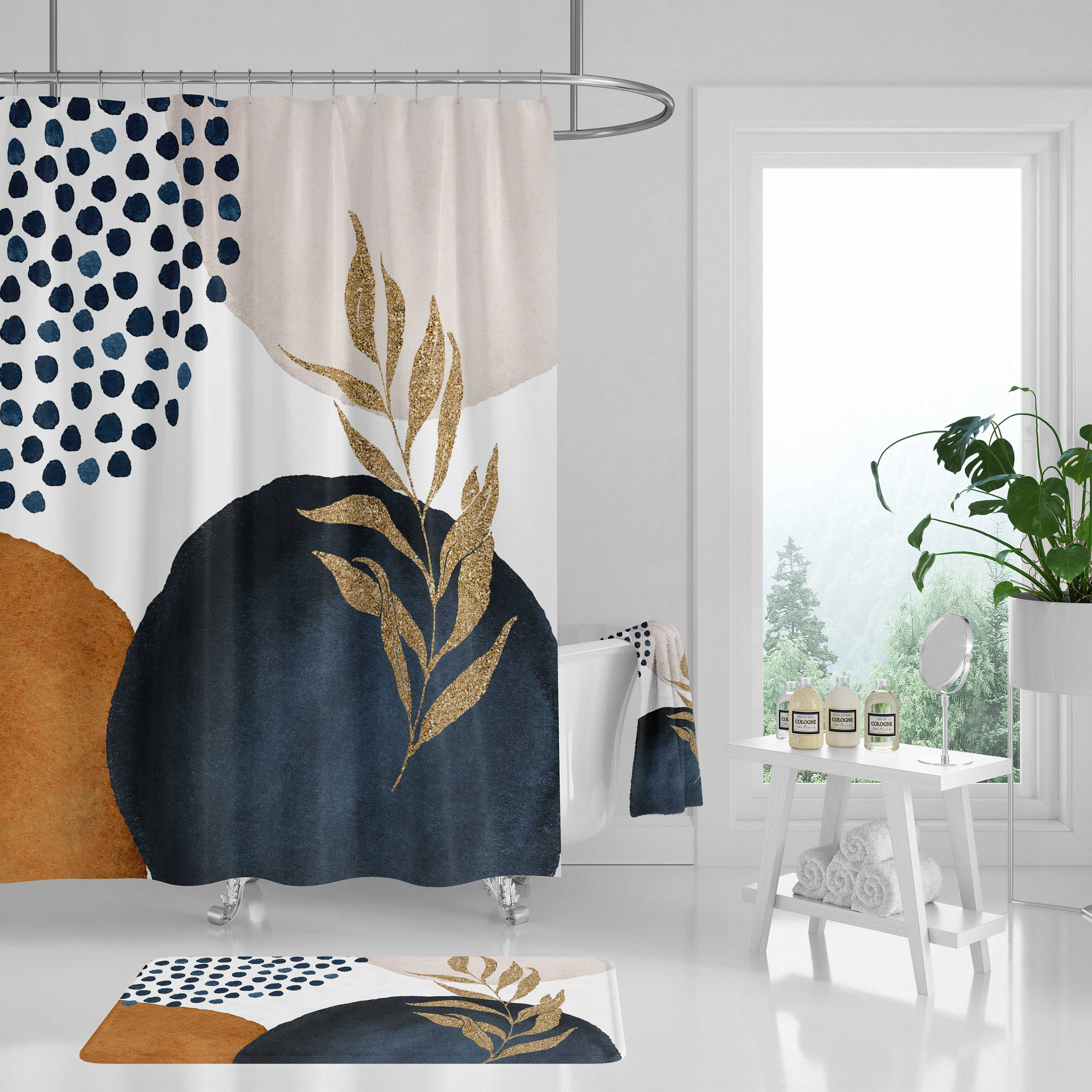 Rustic Navy and White Floral Boho Shower Curtain with Towel Set