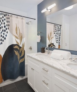 Rustic Navy and White Floral Boho Shower Curtain with Towel Set