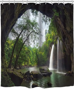 Rustic Scenic Waterfall Shower Curtain for a Nature-inspired Bathroom Decor