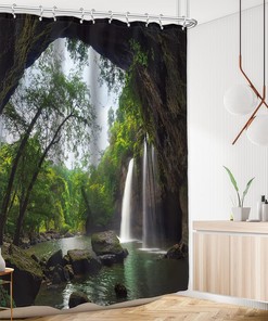 Rustic Scenic Waterfall Shower Curtain for a Nature-inspired Bathroom Decor