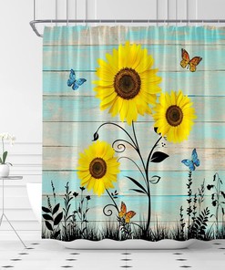 Rustic Sunflower and Butterfly Shower Curtain, Farmhouse Fabric Bathroom Decor