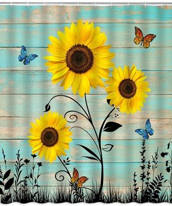 Rustic Sunflower and Butterfly Shower Curtain, Farmhouse Fabric Bathroom Decor