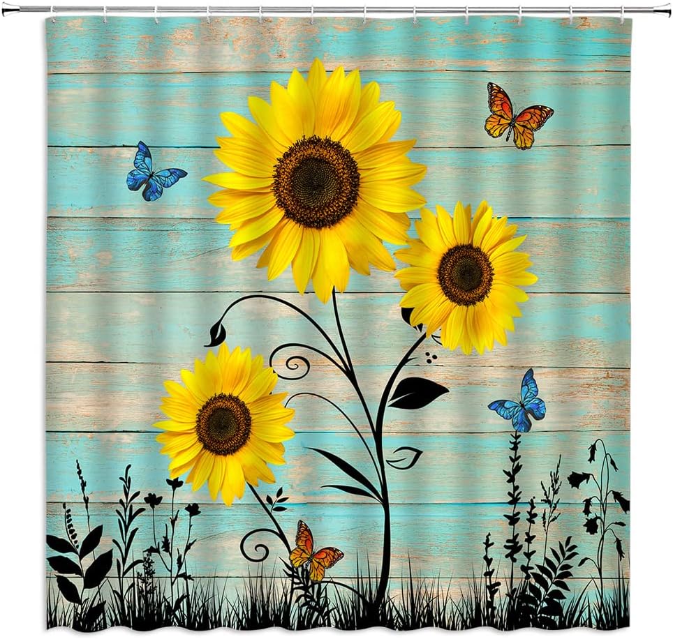 Rustic Sunflower and Butterfly Shower Curtain, Farmhouse Fabric Bathroom Decor
