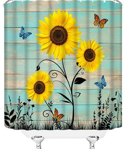 Rustic Sunflower and Butterfly Shower Curtain, Farmhouse Fabric Bathroom Decor