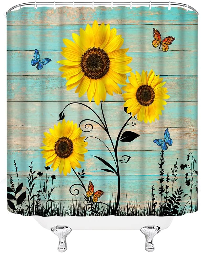 Rustic Sunflower and Butterfly Shower Curtain, Farmhouse Fabric Bathroom Decor