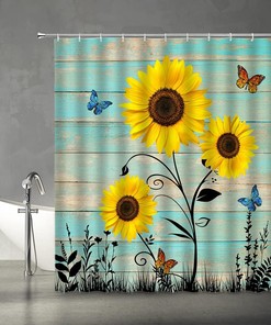 Rustic Sunflower and Butterfly Shower Curtain, Farmhouse Fabric Bathroom Decor