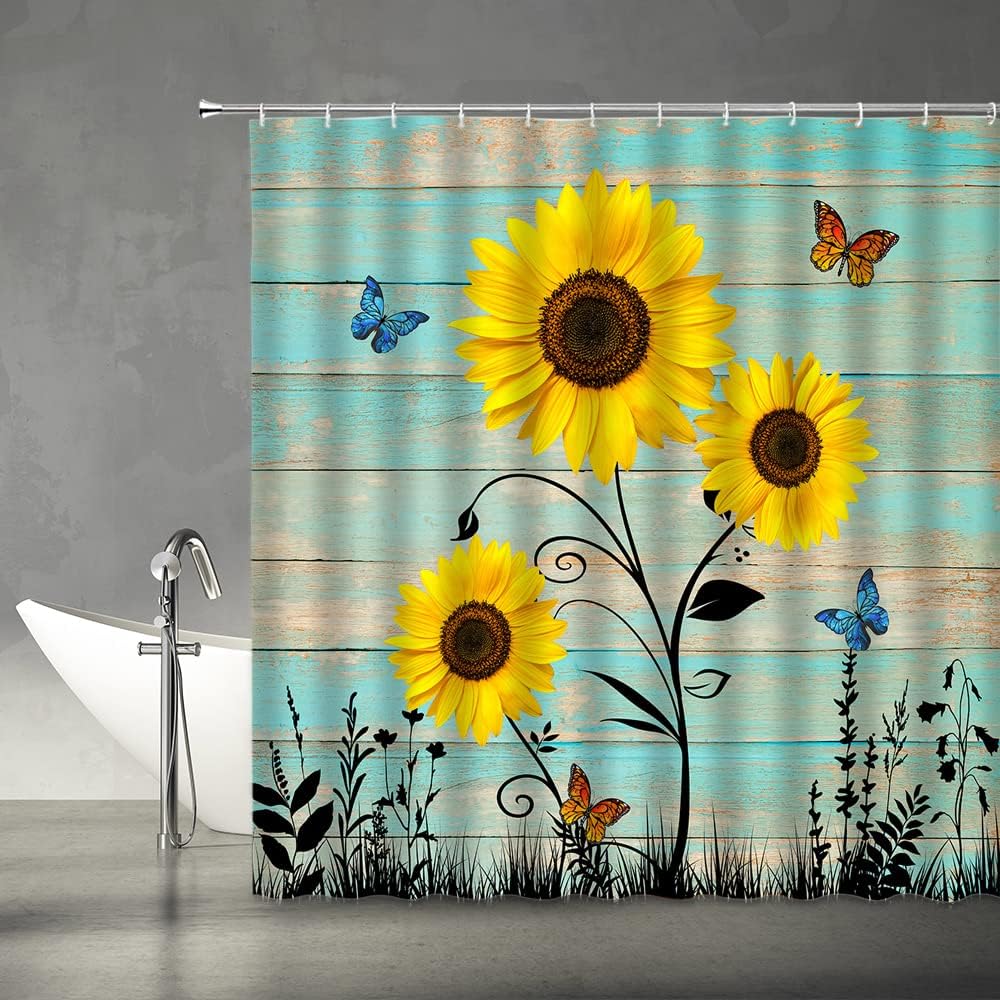 Rustic Sunflower and Butterfly Shower Curtain, Farmhouse Fabric Bathroom Decor