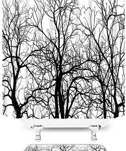 Rustic Tree Shower Curtain with Birch Trees and Leaves for Bathroom Decor