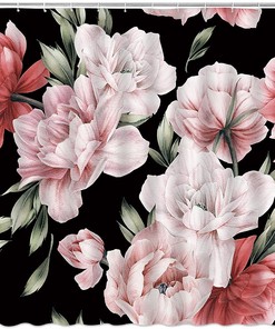 Rustic Vintage Black Floral Shower Curtain with Blossom and Leaves for Nature-Themed Bathroom