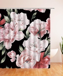 Rustic Vintage Black Floral Shower Curtain with Blossom and Leaves for Nature-Themed Bathroom