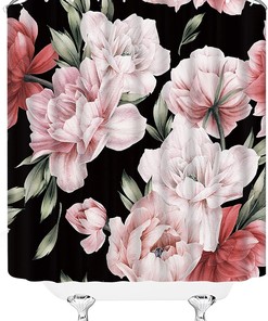 Rustic Vintage Black Floral Shower Curtain with Blossom and Leaves for Nature-Themed Bathroom