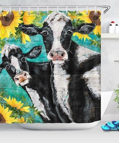 Rustic Wood Board Sunflower Funny Cow Shower Curtain for a Farmhouse Bathroom Decor with a Touch of Whimsy