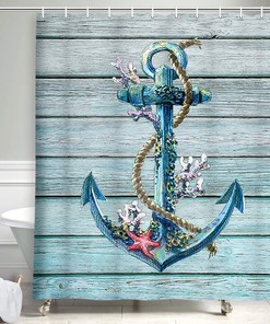 Rustic Wood Plank Nautical Theme Anchor Shower Curtain - Marine Ornament Fabric for Bathroom Decor 