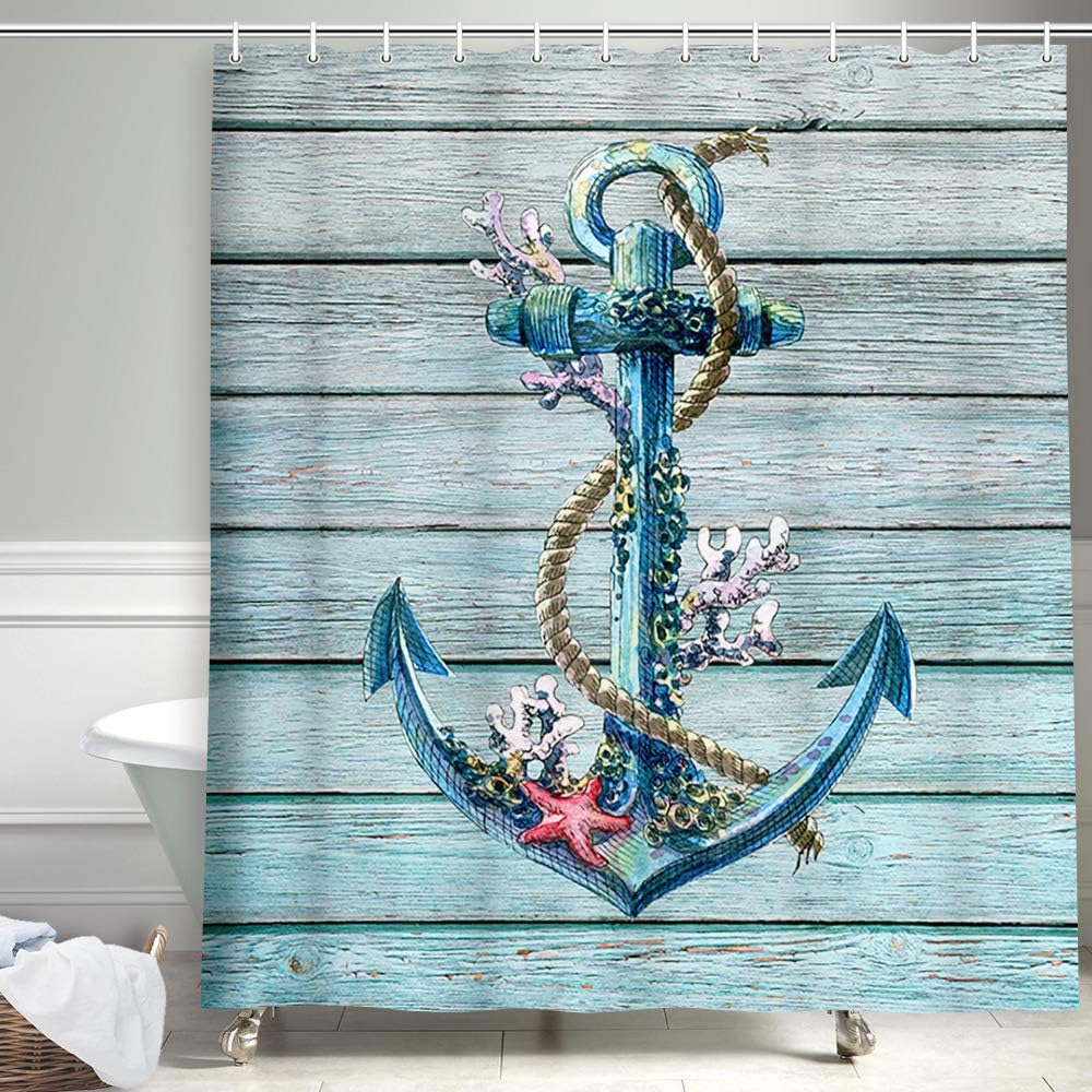Rustic Wood Plank Nautical Theme Anchor Shower Curtain - Marine Ornament Fabric for Bathroom Decor