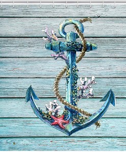 Rustic Wood Plank Nautical Theme Anchor Shower Curtain - Marine Ornament Fabric for Bathroom Decor