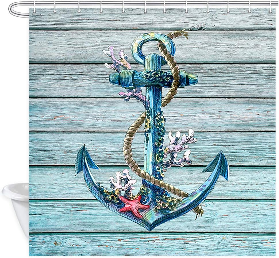 Rustic Wood Plank Nautical Theme Anchor Shower Curtain - Marine Ornament Fabric for Bathroom Decor