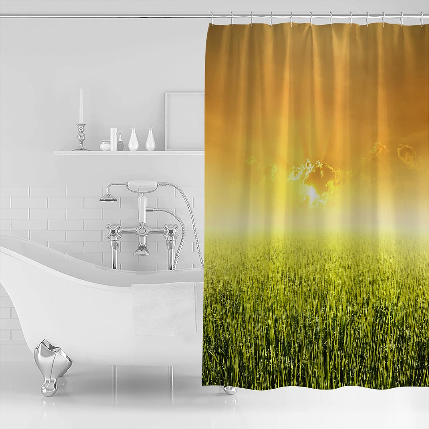 Rustic Yellow Rice Field Farm and Sunset Country Sunlight Fabric Shower Curtain by ArneCase- Ideal for Bathroom Decor