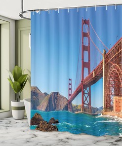 SF Golden Gate Bridge Shower Curtain, Marshall Beach in California USA Shore, Travel Bathroom Decor