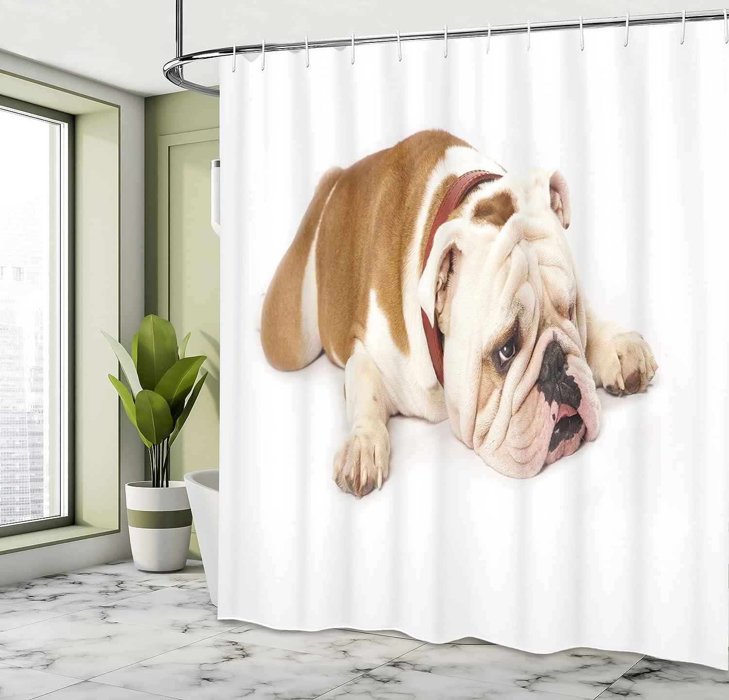 Sad Bulldog Cloth Fabric Shower Curtain, Tired European Pure Breed Animal Photography, Bathroom Decor