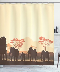 Safari Animal Elephant African Shower Curtain with Wildlife Print for Bathroom Decor