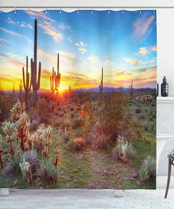Saguaro Desert Scene Shower Curtain, Wildflowers Cloth Bathroom Decor, Multicolor