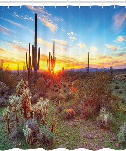 Saguaro Desert Scene Shower Curtain, Wildflowers Cloth Bathroom Decor, Multicolor