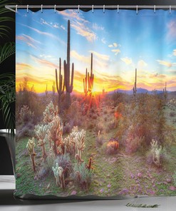 Saguaro Desert Scene Shower Curtain, Wildflowers Cloth Bathroom Decor, Multicolor