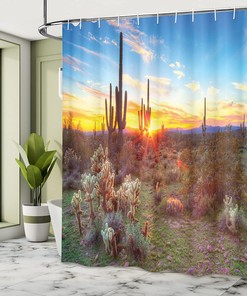 Saguaro Desert Scene Shower Curtain, Wildflowers Cloth Bathroom Decor, Multicolor
