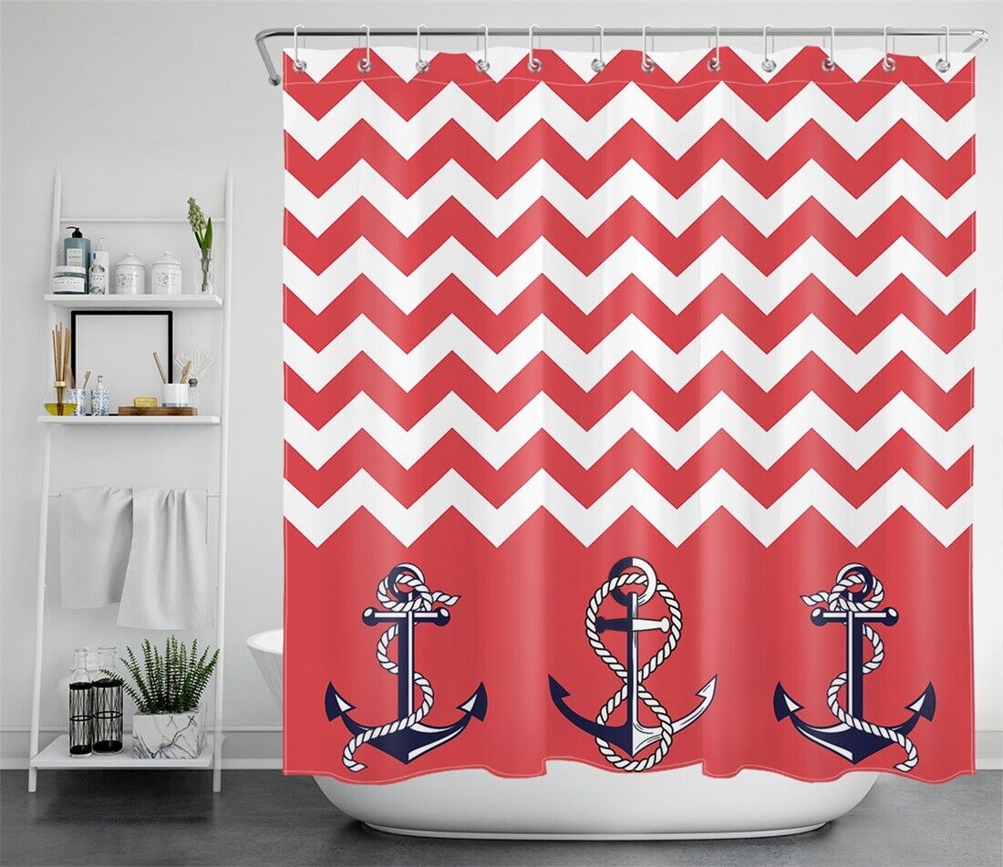 Sailor Red White Wave Striped Shower Curtain Bathroom Decor