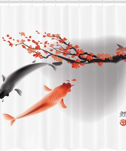 Sakura Branch Koi Fish Shower Curtain, Cherry Blossom Couple Swimming Print for Bathroom Decor, Orange and Grey Cloth Fabric