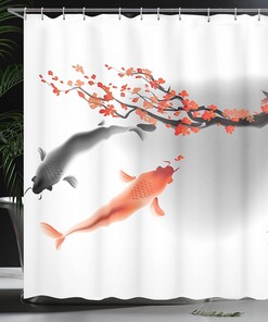 Sakura Branch Koi Fish Shower Curtain, Cherry Blossom Couple Swimming Print for Bathroom Decor, Orange and Grey Cloth Fabric