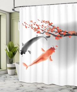 Sakura Branch Koi Fish Shower Curtain, Cherry Blossom Couple Swimming Print for Bathroom Decor, Orange and Grey Cloth Fabric